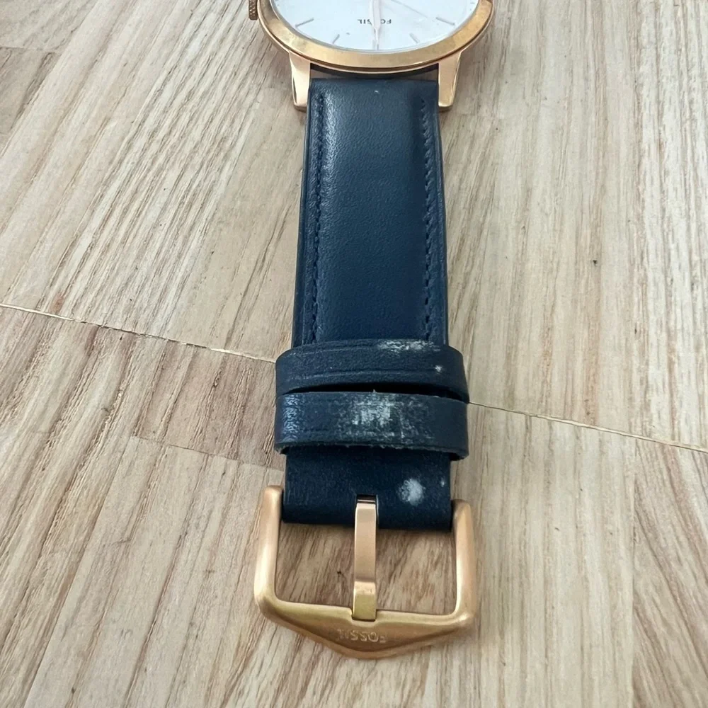 Fossil mens minimalist rose gold tone blue leather dress watch NEW BATTERY